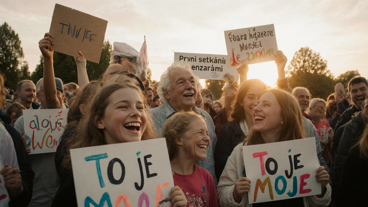 Skupina lidí v parku se směje a ukazuje své mezary, večerní světlo a plakáty.