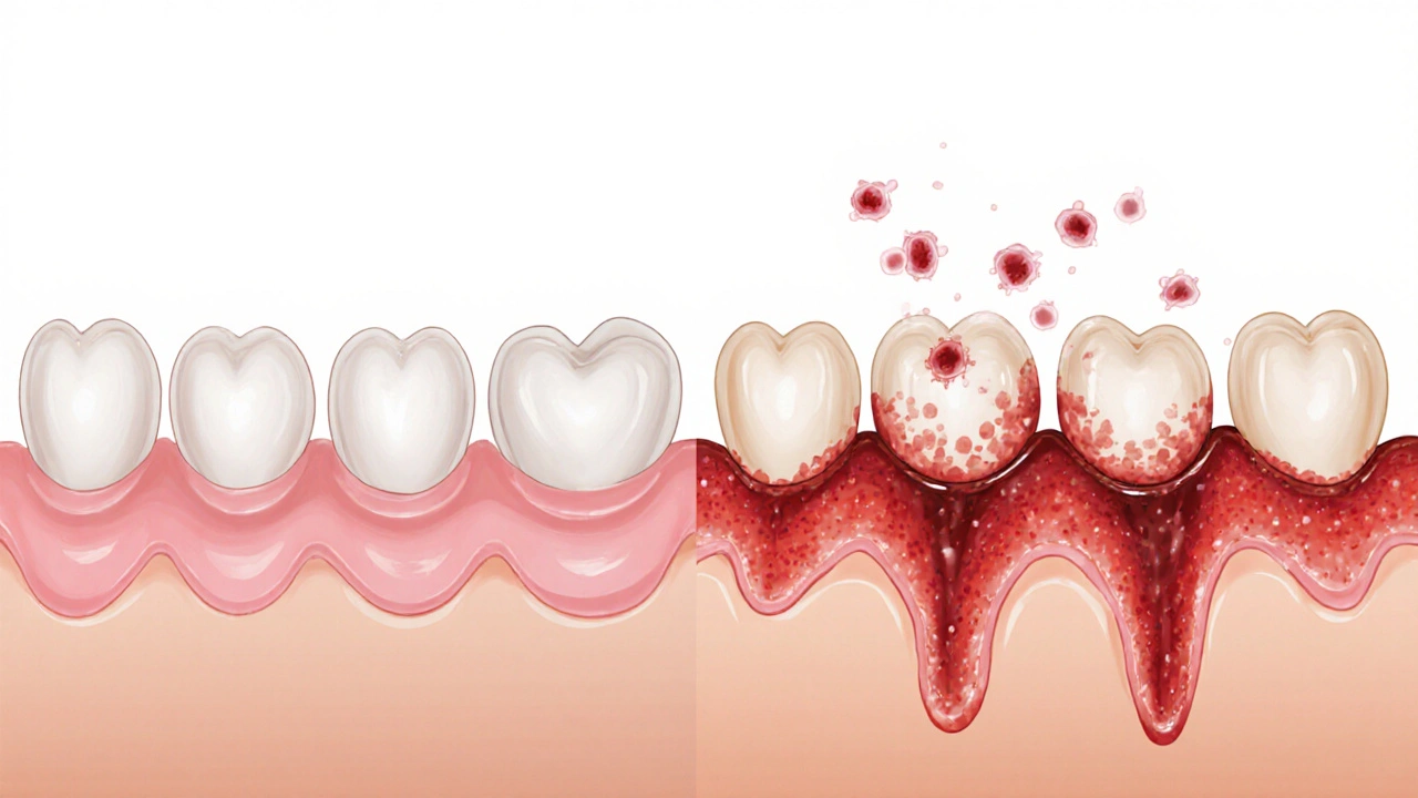 Srovnání zdravých a zánětlivých dásní: růžové a pevné versus červené, opuchlé a krvácivé.
