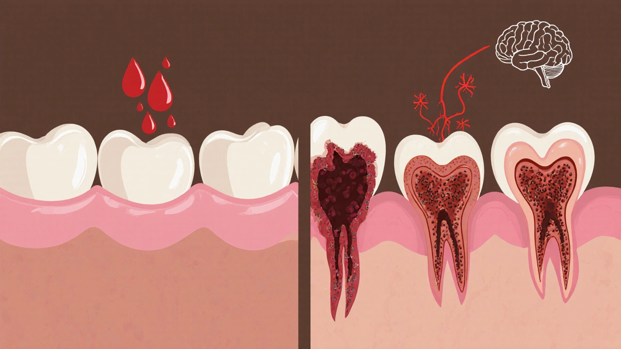Srovnání zdravých a zánětlivých dásní s ukázkou šíření infekce do těla.