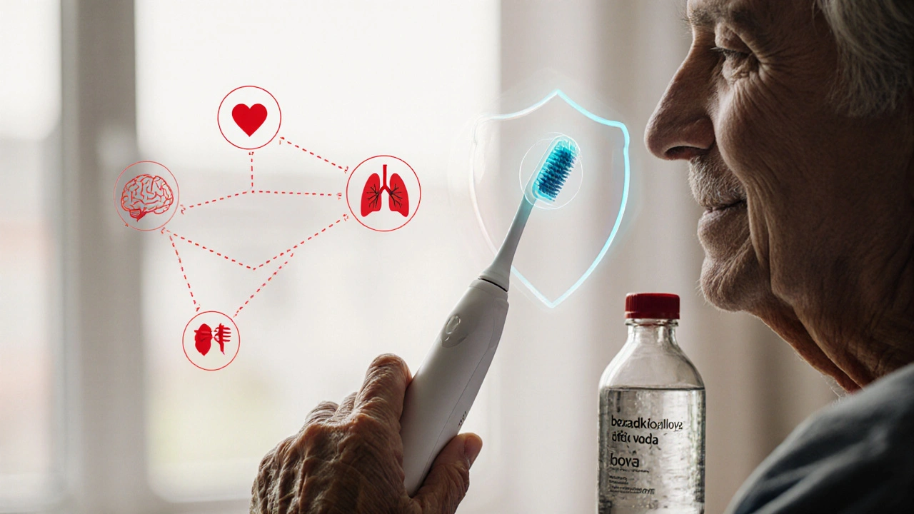 Starší osoba pečuje o ústní hygienu doma s měkkým elektrickým kartáčkem.