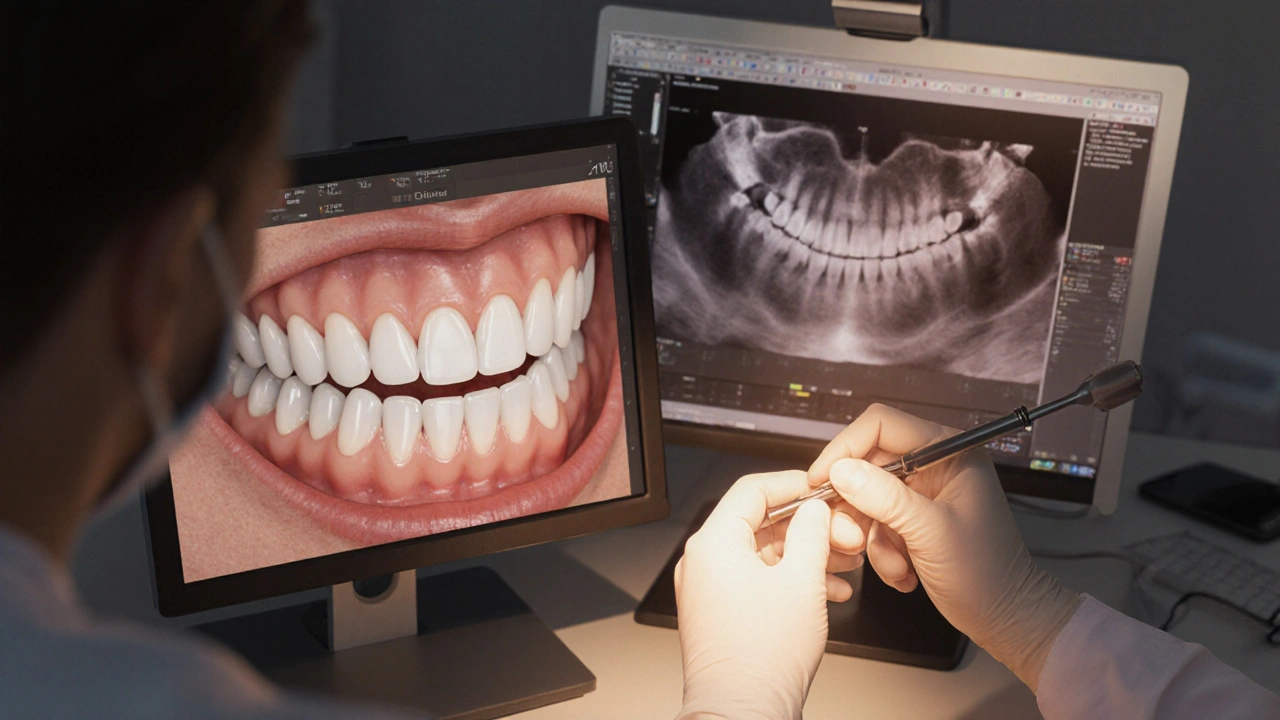 Stomatolog připevňuje keramickou fazetu na zub s přesnými nástroji.