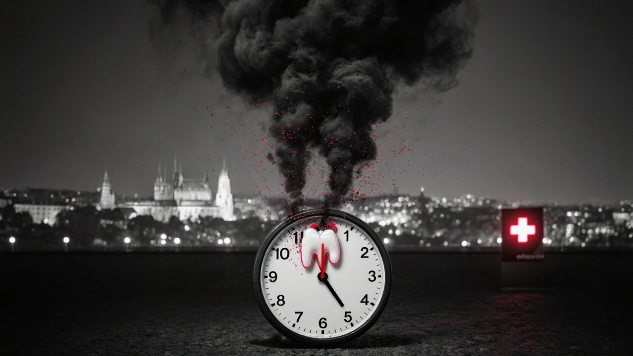 Symbolický obrázek infekce šířící se z zubu do sinů a krku.