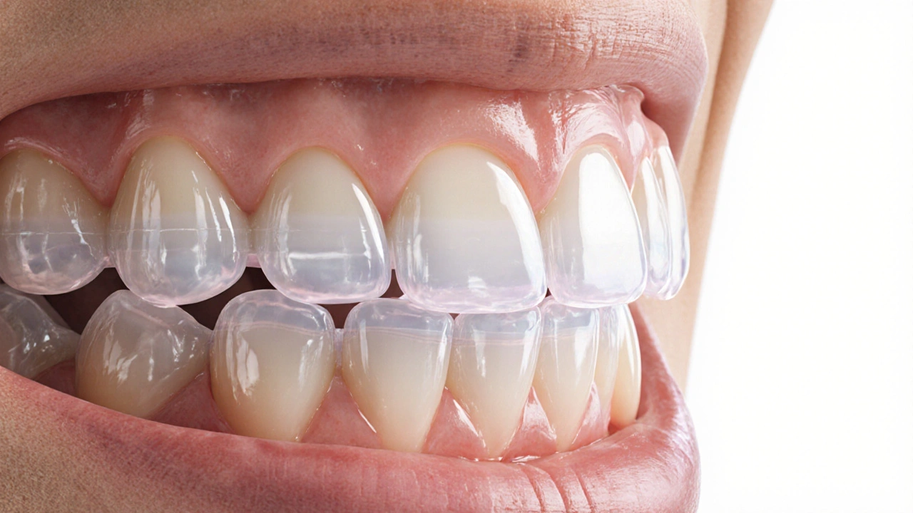 Tenké keramické fazety přilepené na zuby, přirozeně odrážející světlo jako sklovinka.