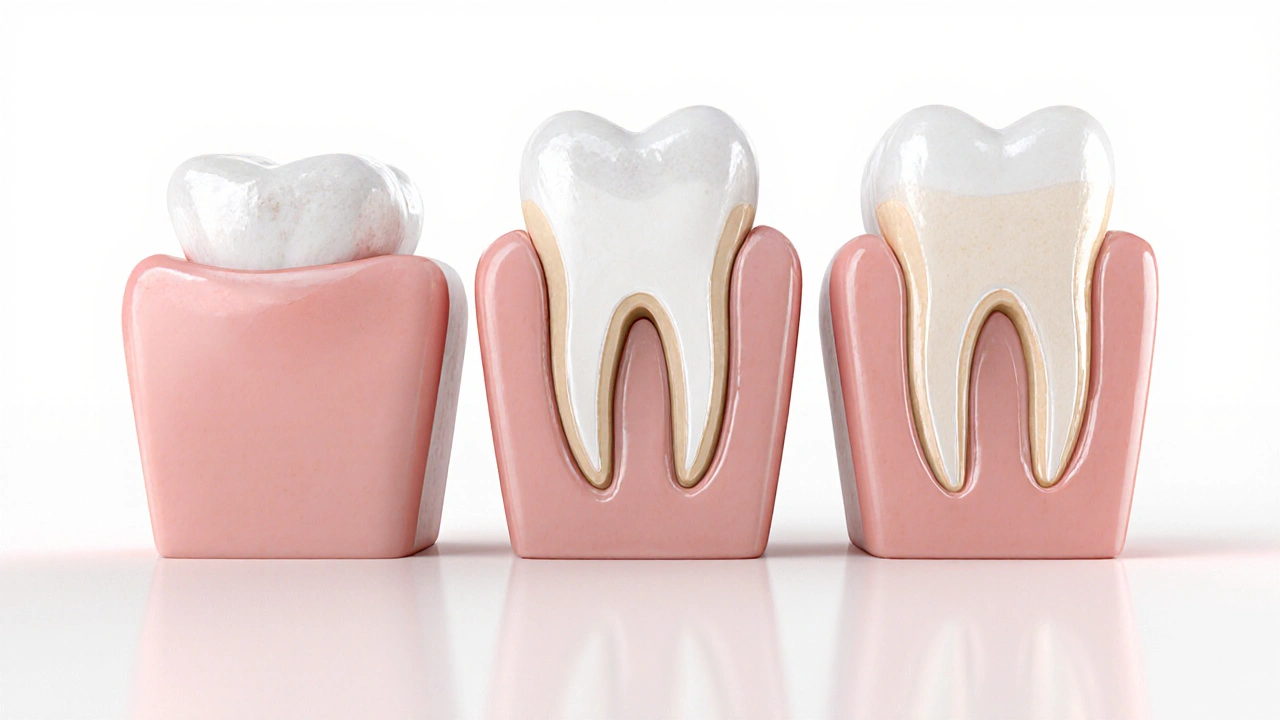 Tři typy oprav předního zubu: kompozitní výplň, vložka a korunka, viditelné v detailu.