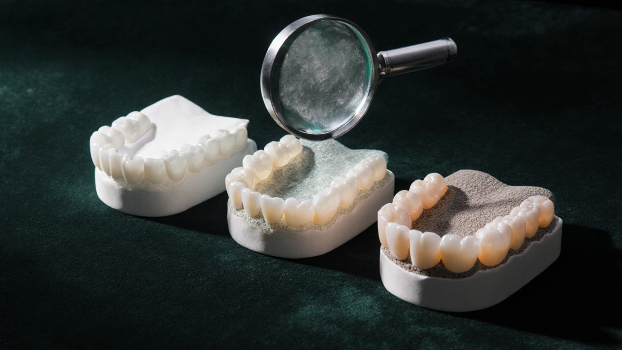 Tři typy zubních korunek na černém hedvábí: zirkonie, disilikát lithný a kompozit, s detaily struktury.