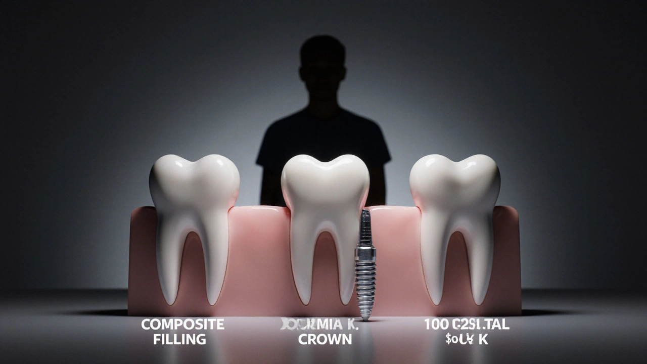 Tři zubní řešení vedle sebe s cenami, pacient v pozadí vypadá zmateně.