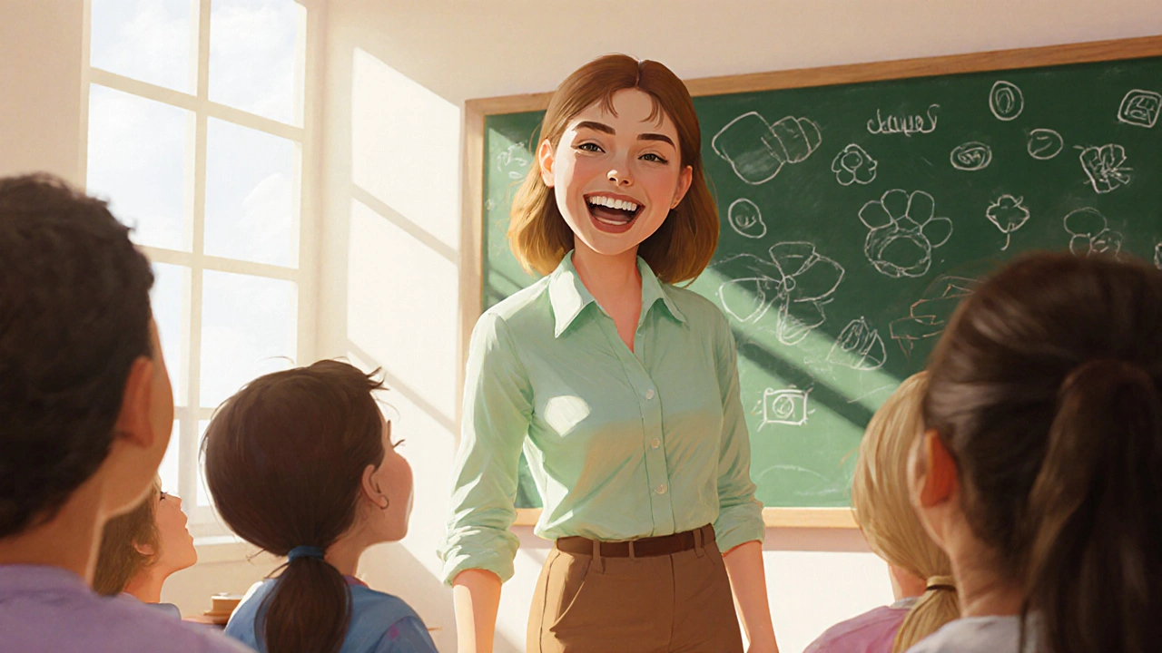 Učitelka se směje v třídě, otevřeně ukazuje úsměv, studenti kolem ní reagují radostí.