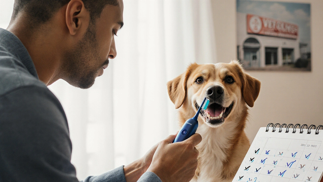 Vlastník drží ultrazvukový čistič vedle kalendáře, pes se usmívá s čistými zuby a čerstvým dechem.