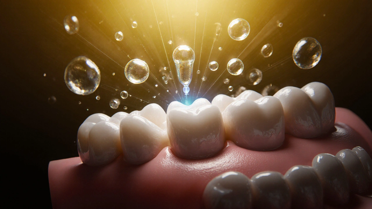 Vnitřní struktura zubu během chemického bělení s aktivací peroxidem a LED světlem.