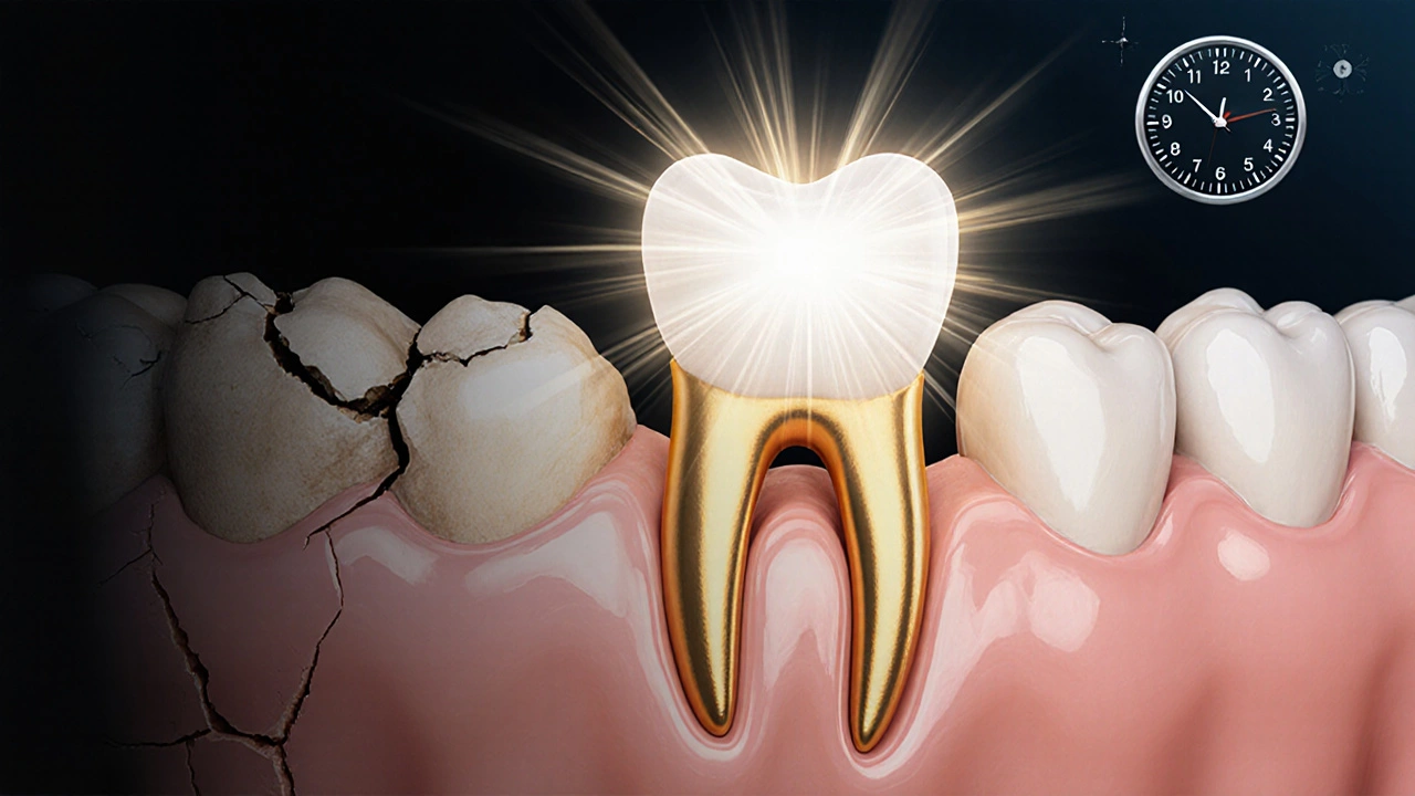 Zdravá keramická korunka vyrůstá z poškozeného zubu, nahrazuje ho světlem a odstraňuje degradaci.