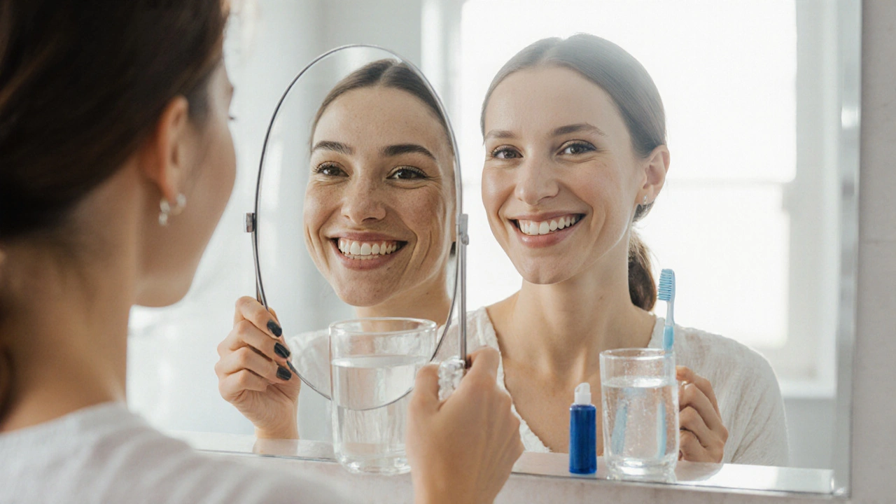 Žena s porovnáním před a po bělení zubů, držící zrcadlo v koupelně.