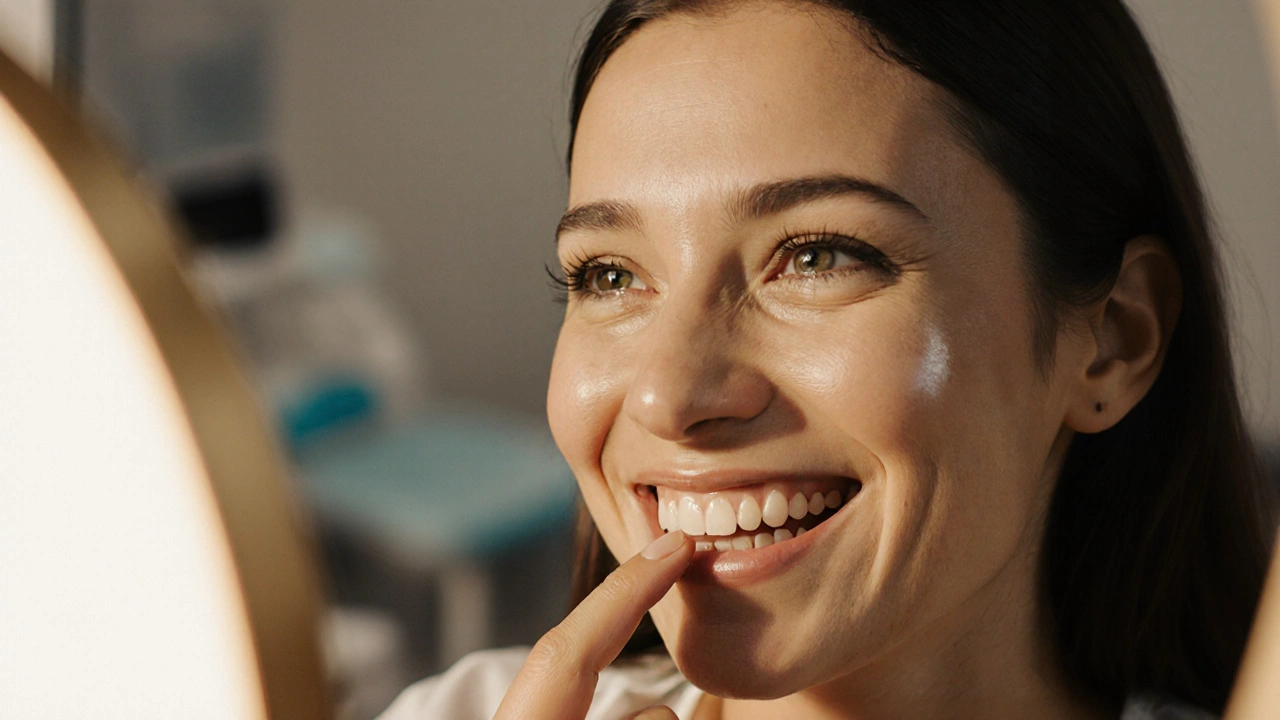 Žena se usmívá do zrcadla s novými fazetami na zubech, plná sebevědomí.