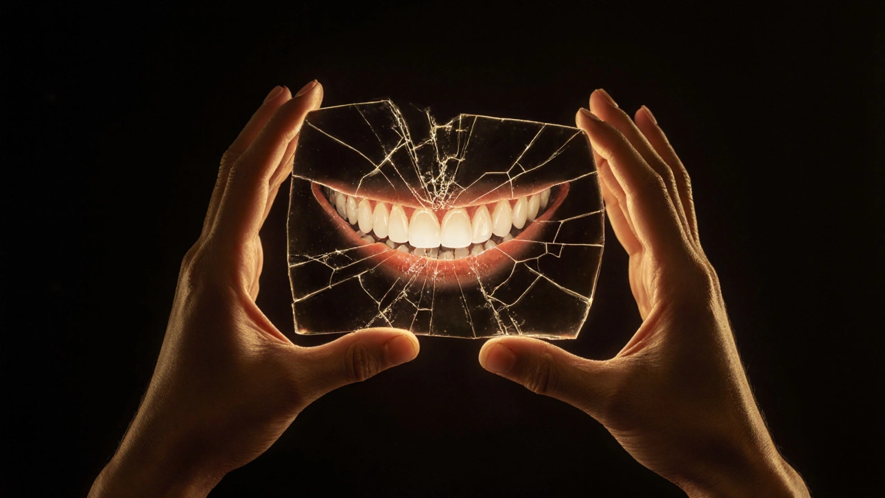 Zlomené zrcadlo s vycházejícím zářivým úsměvem, symbolizující obnovu sebevědomí.