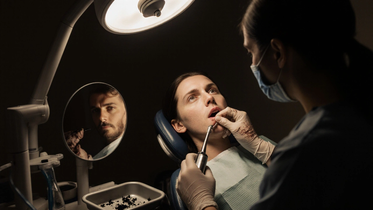 Zubní hygienistka odstraňuje černý kámen pomocí ultrazvukového přístroje.