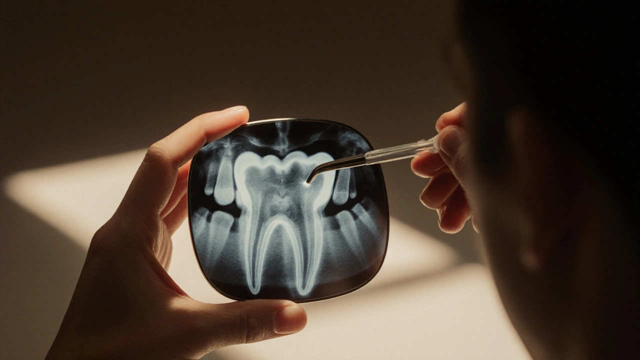 Zubní lékař prohlíží zub s viditelnou recesí dásně a ztrátou kosti.