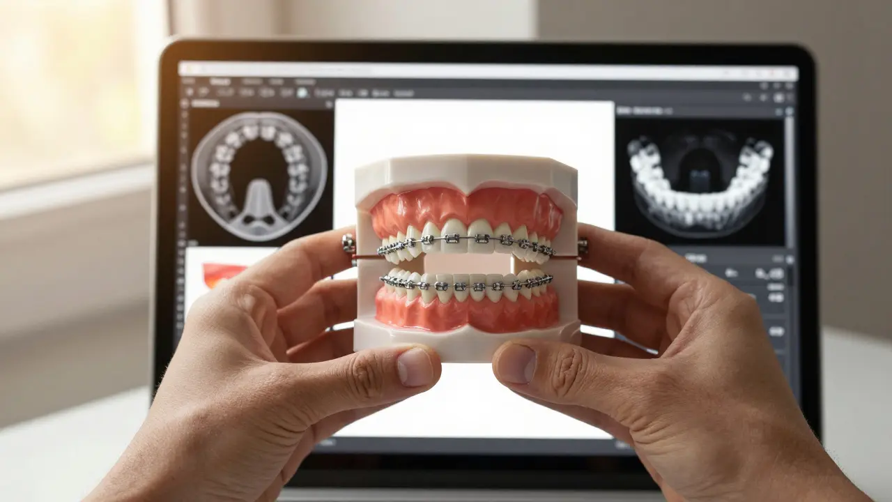 3D model zubů s individuálně vyrobenými lingválními braketami na stole.