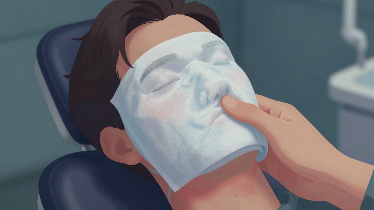 Chladný kompres na tváři při bolesti předního zubu.