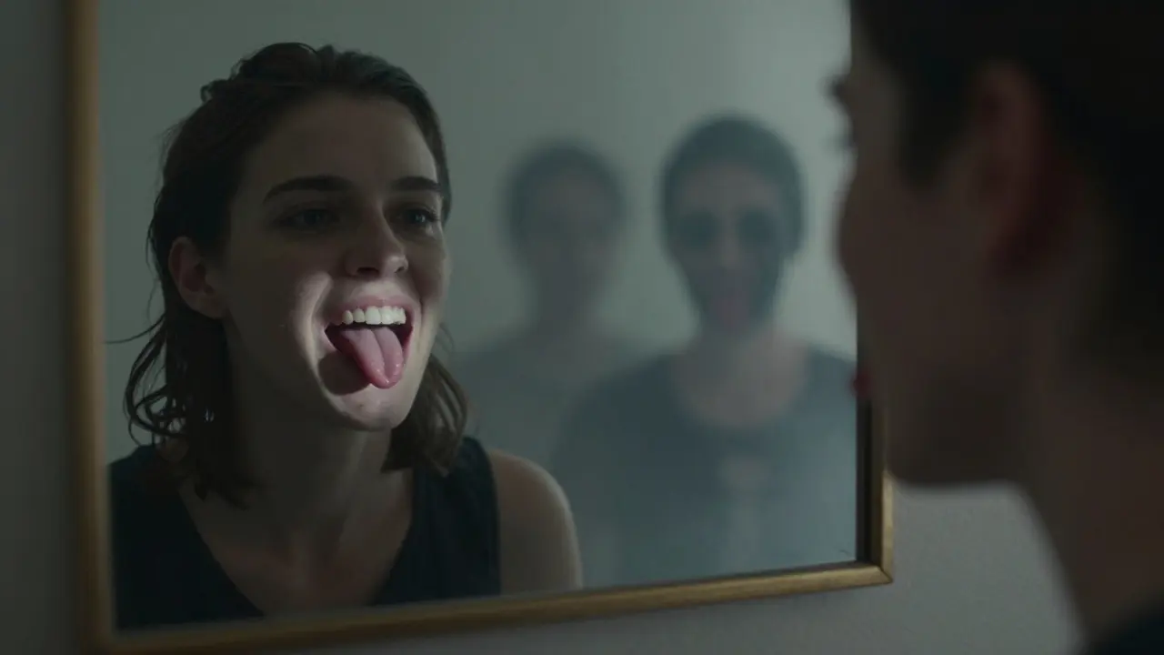 Člověk hledí do zrcadla, kde se v odrazu ukazuje mezera a skryté příčiny poškození zubů.