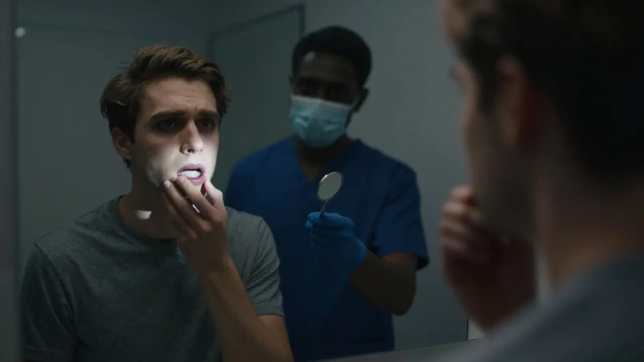 Člověk se dívá do zrcadla, kde jeho zuby vypadají černě, zatímco za ním stojí zubní lékař.