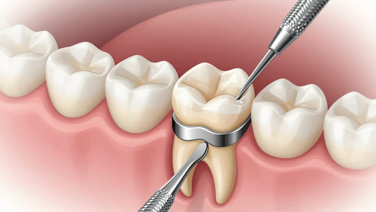 Cross-section of a tooth showing layers removed for metal base and ceramic crown.