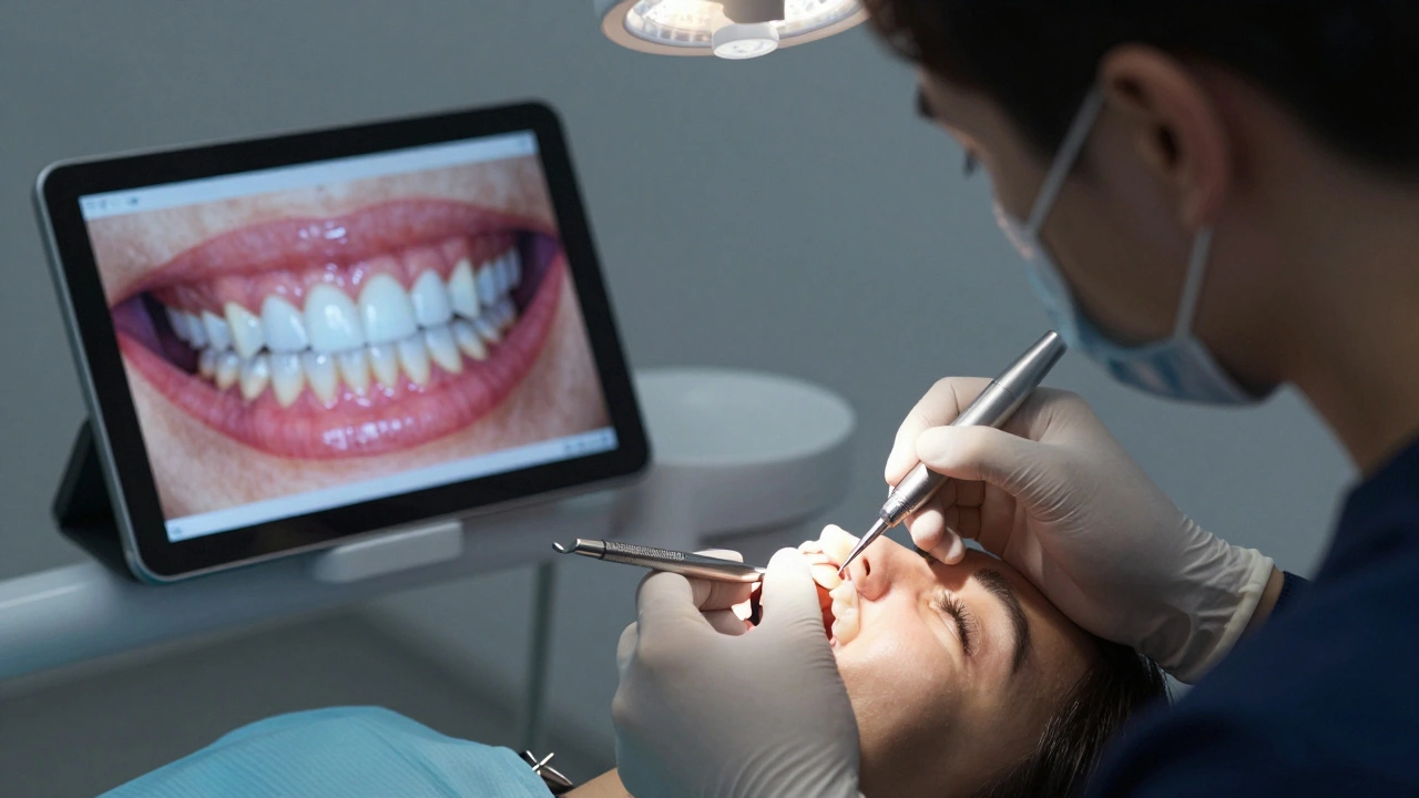 Dentista připevňuje porcelánovou fazetu na zub s digitální simulací úsměvu na tabletu.
