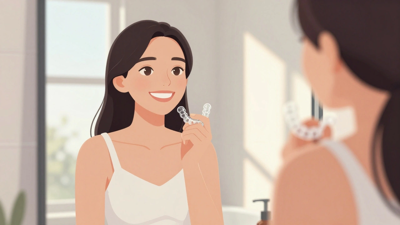 Dospělý nosí průhledné ortodontické šablony, odrážející přirozeně zarovnaný úsměv v zrcadle.