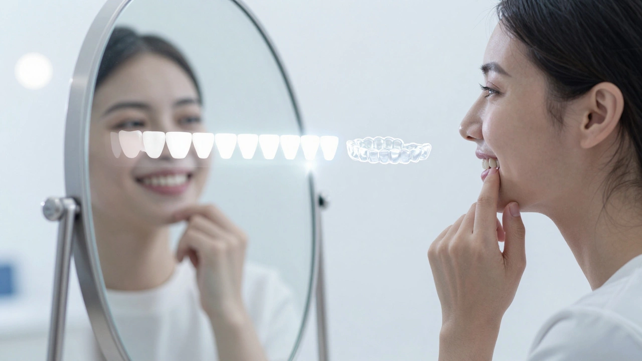 Dospělý se dívá do zrcadla s neviditelnými rovnátky, za ním se zuby postupně vyrovnávají.