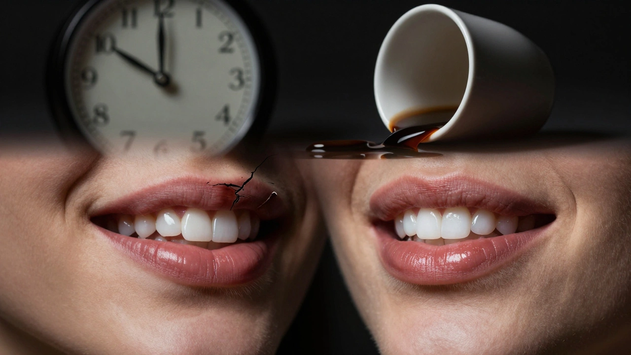 Dvě zubní fazety: jedna bílá a nepoškozená, druhá poškozená a ztmavená.