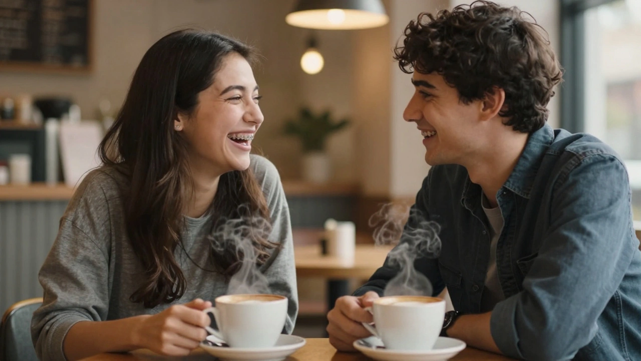 Dvojice na prvním randě se směje při kávě, jeden s rovnátky.