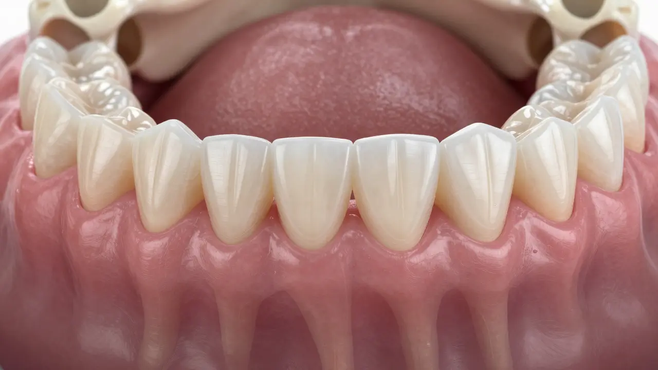 Jawbone with 16 natural-looking ceramic crowns fitted over healthy gums.