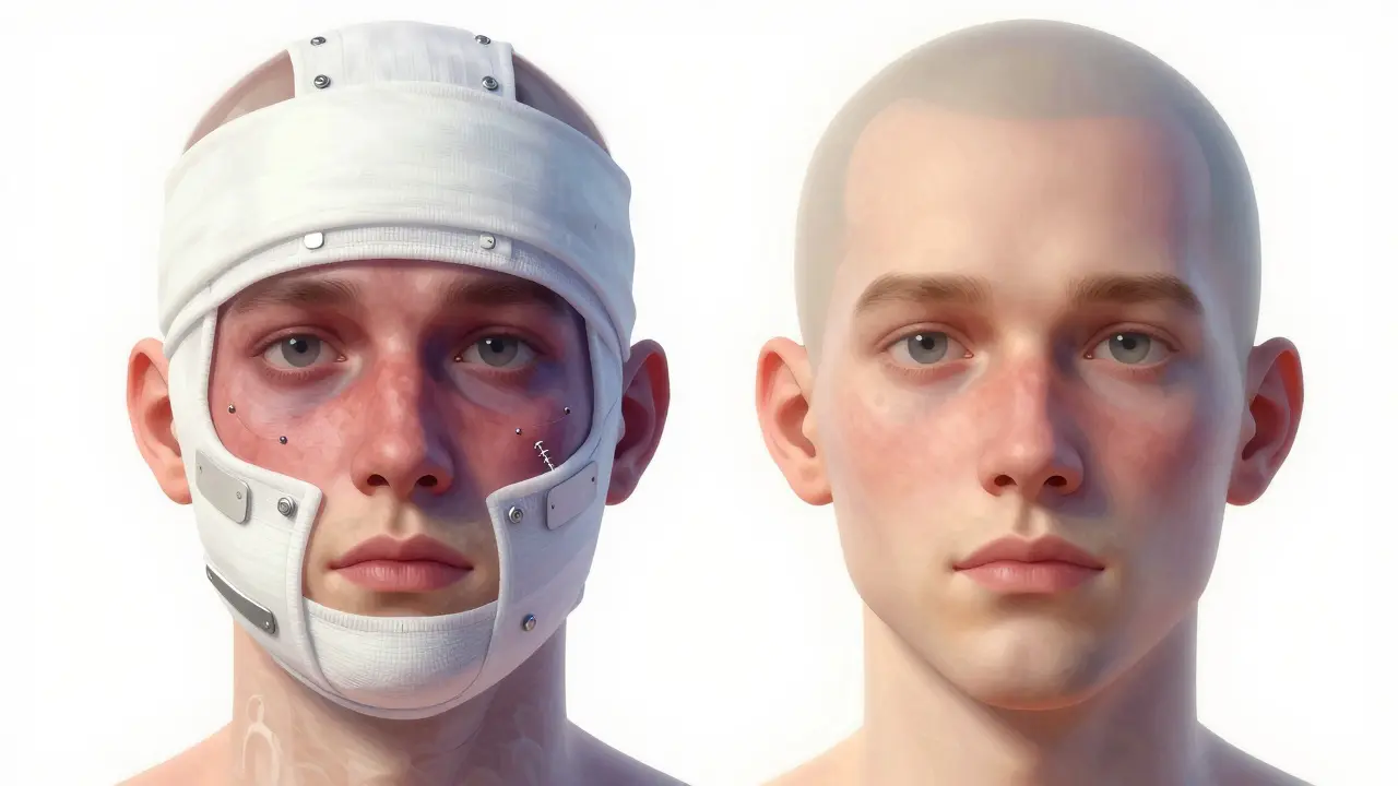 Konceptuální obrázek obličeje v přechodu od otoku a chirurgických implantátů k plně vyléčenému vzhledu.