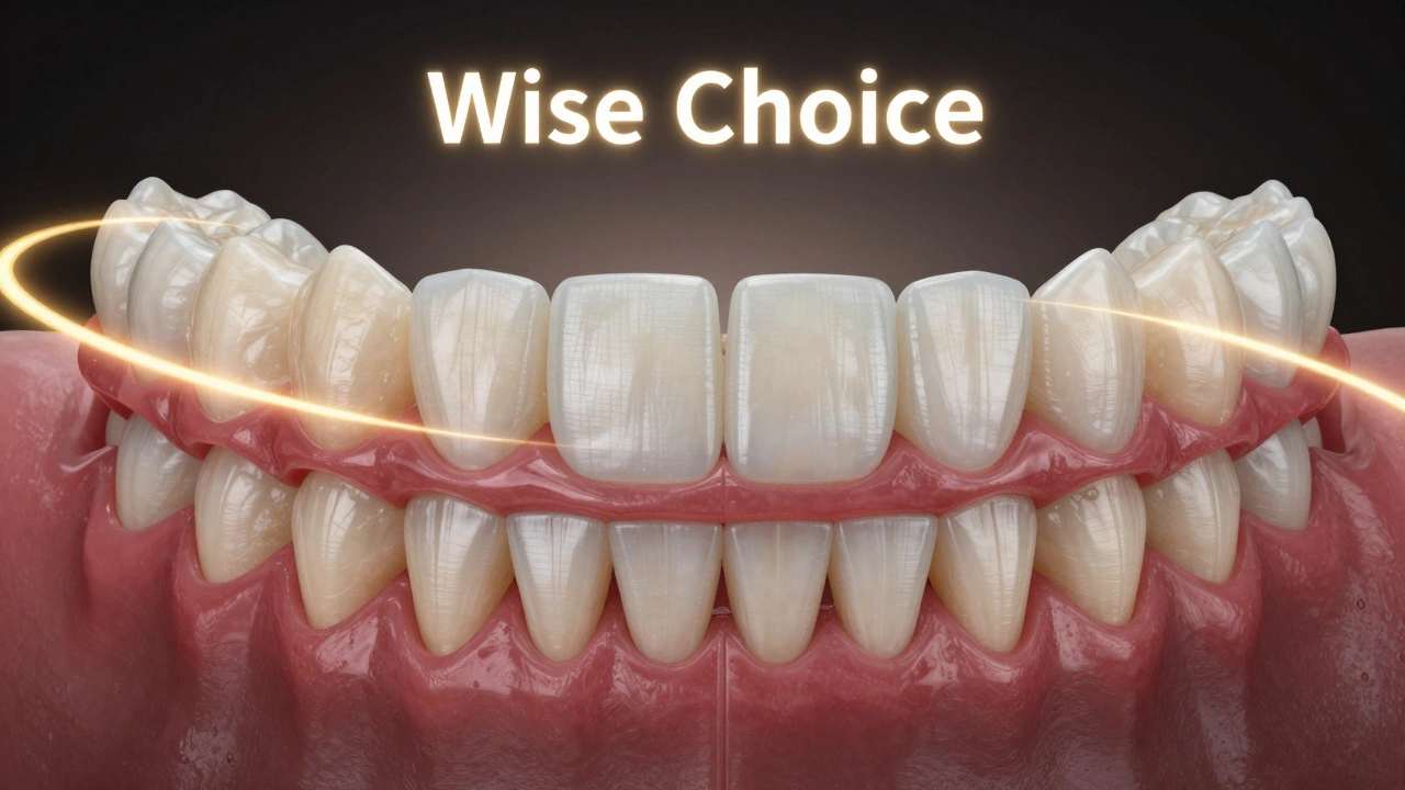 Konceptuální obrázek úsměvu s třemi vrstvami: přirozené zuby, kompozit a fazety, spojené zlatou cestou k lepší volbě.