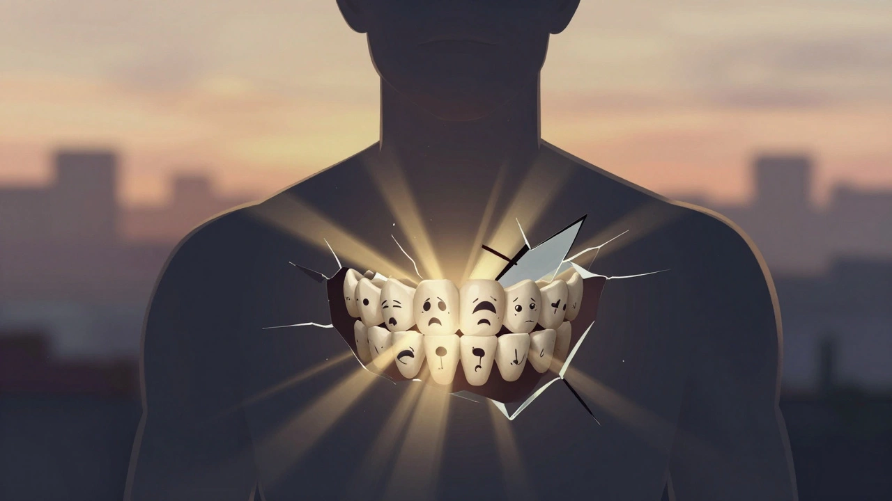 Lidská silueta s chrastícími zuby, které odrazují různé emoce, osvětlené zlatým světlem.