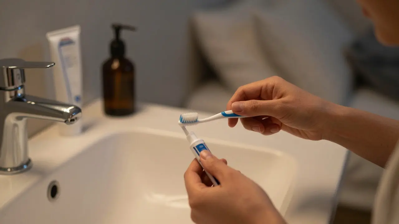 Osoba používá mezizubní kartáček ve večerní hygieně doma