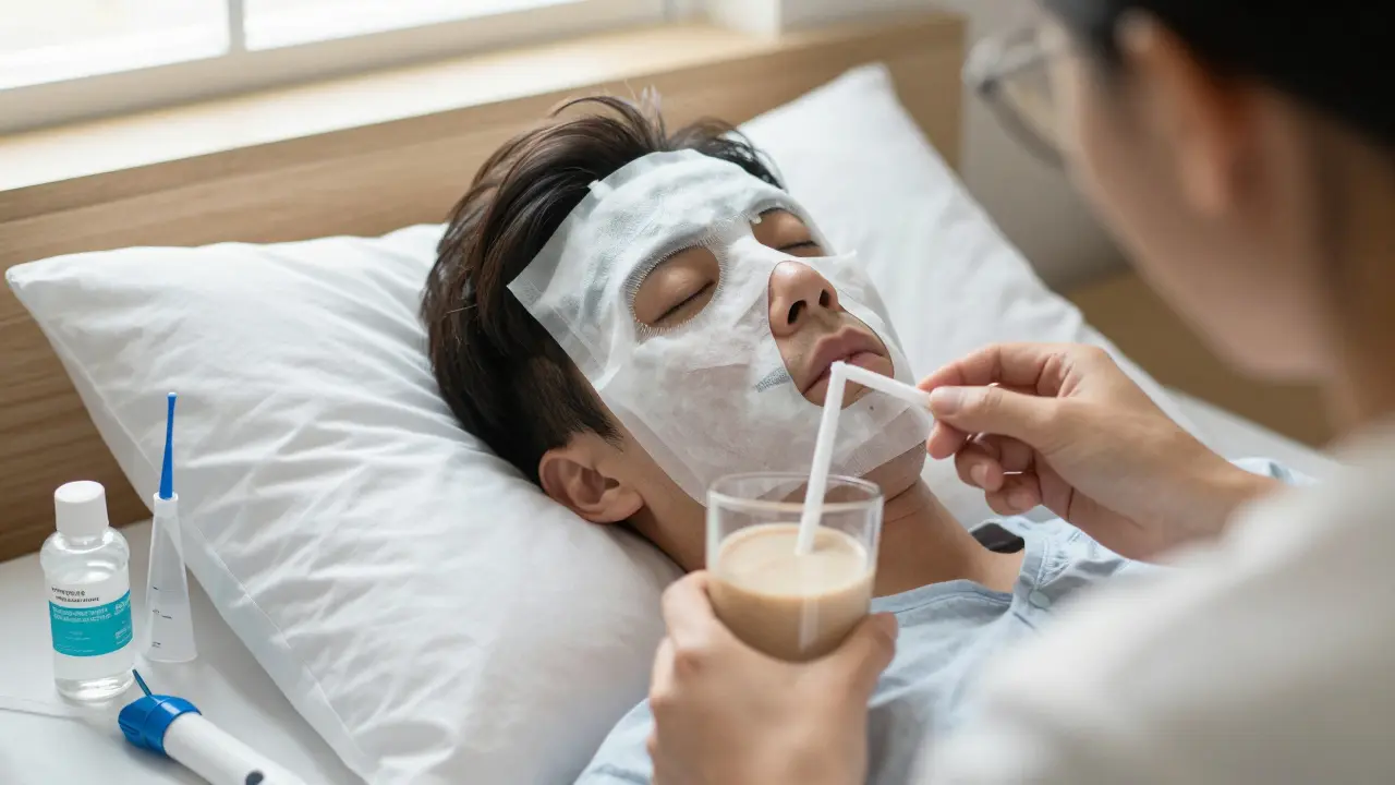 Pacient v klidu doma po operaci, led na obličeji, pije smoothie s hlavou zvednutou na polštářích.