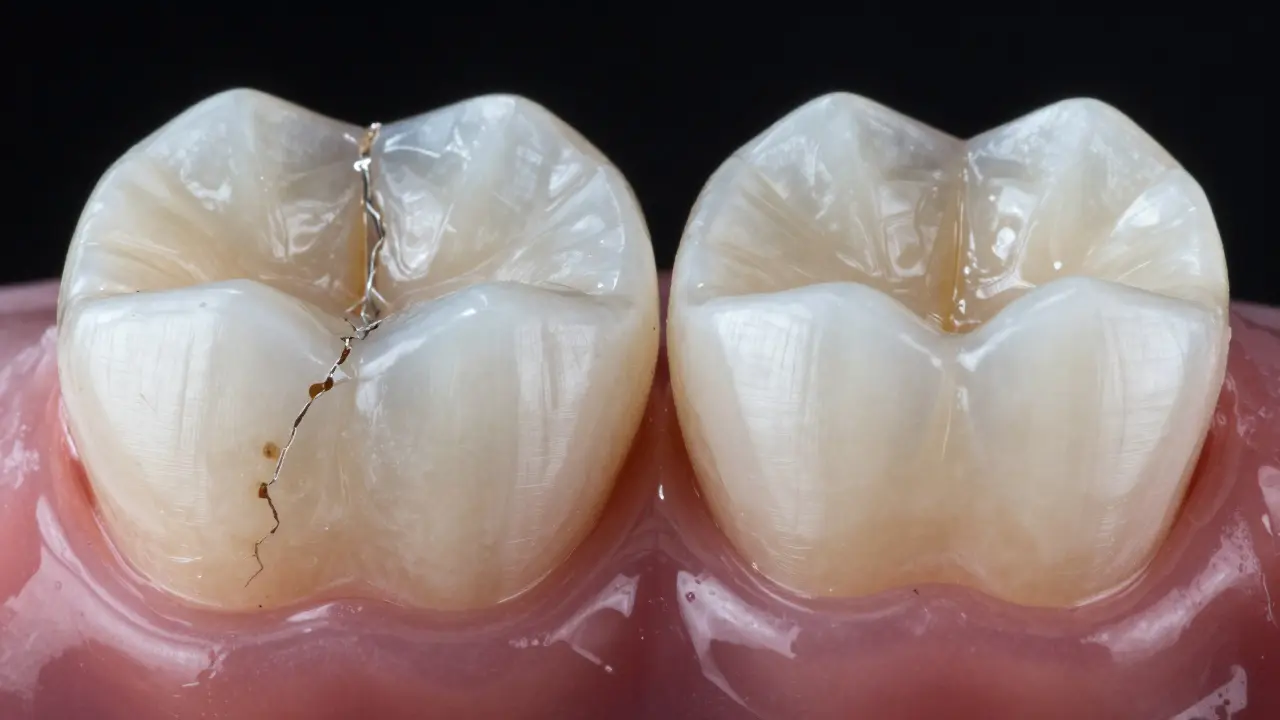 Porovnání poškozené výplně a dokonalé keramické onlay na zubu.