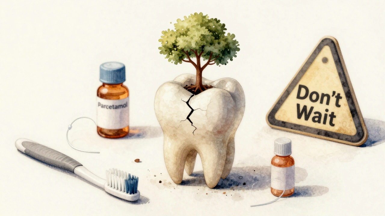 Poškozený přední zub s příznaky zanedbání a prevence.