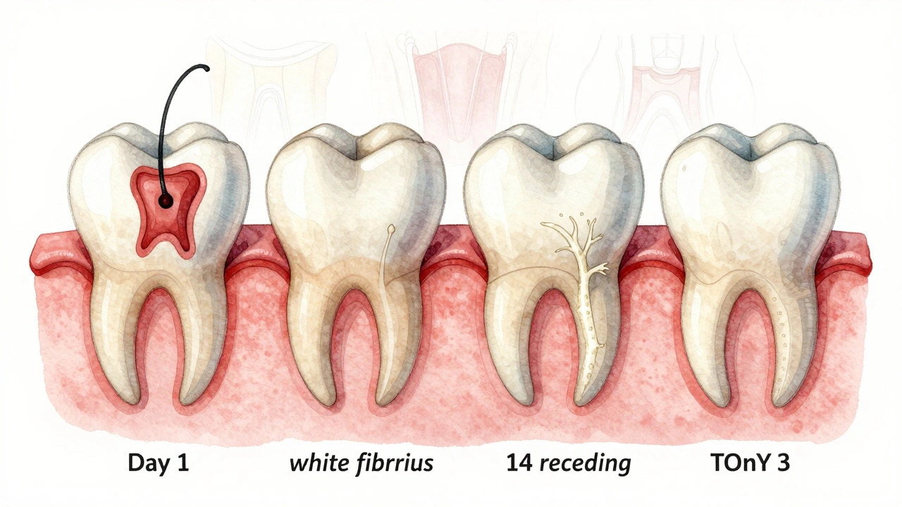 Postupné hojení ložiska po vytržení zubu ve třech fázích: krevní sraženina, nová tkáň a obnova kosti.