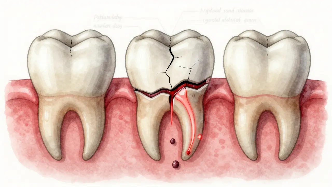 Postupné poškození zubu od povrchové trhliny až po infekci kořene