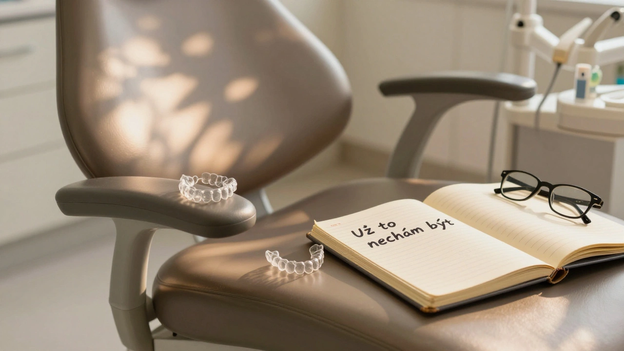 Prázdná ortodontická židle s průhledným rovnáčem a otevřeným sešitem na stole.