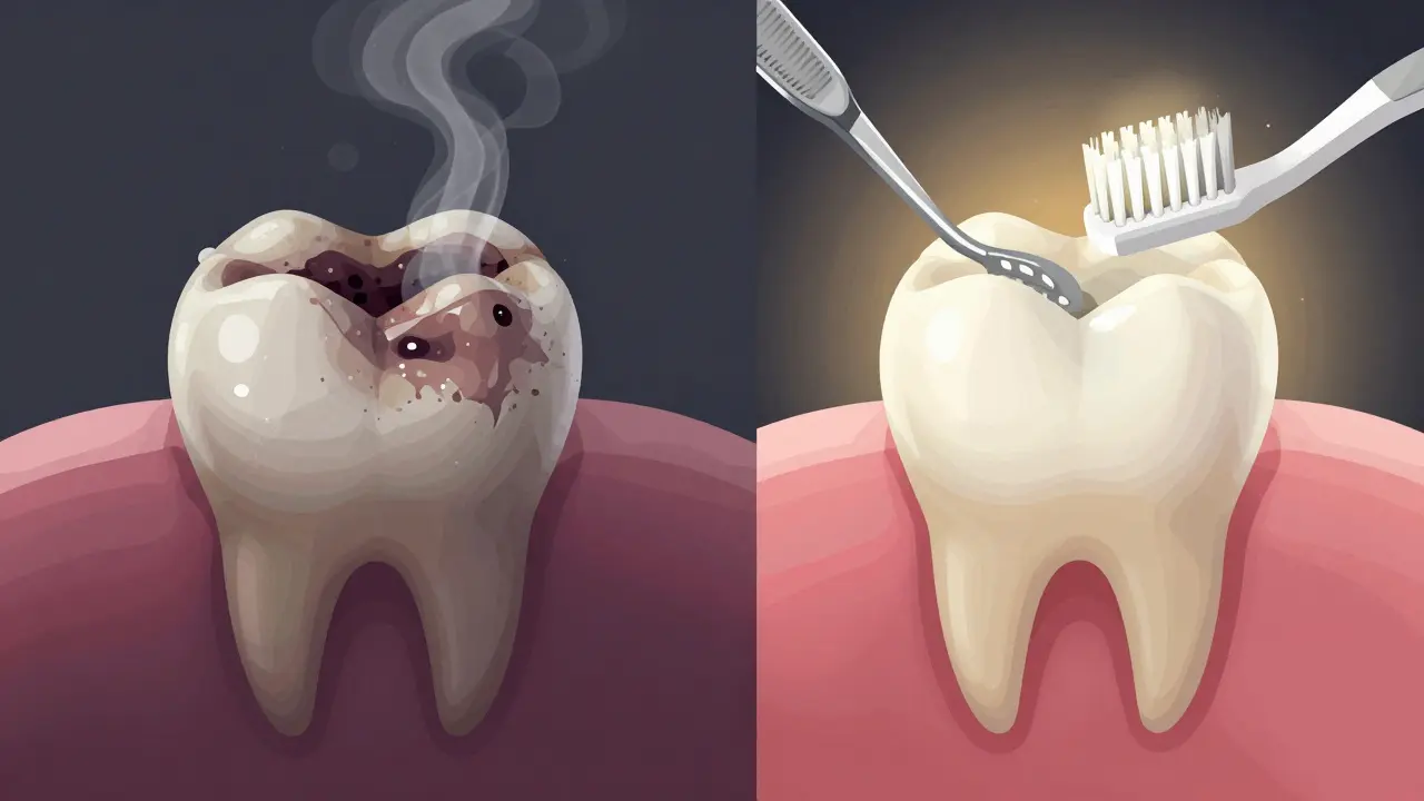 Před a po: tmavý zub s plakem a zubním kamenem proti bělému, vyléčenému zubu.