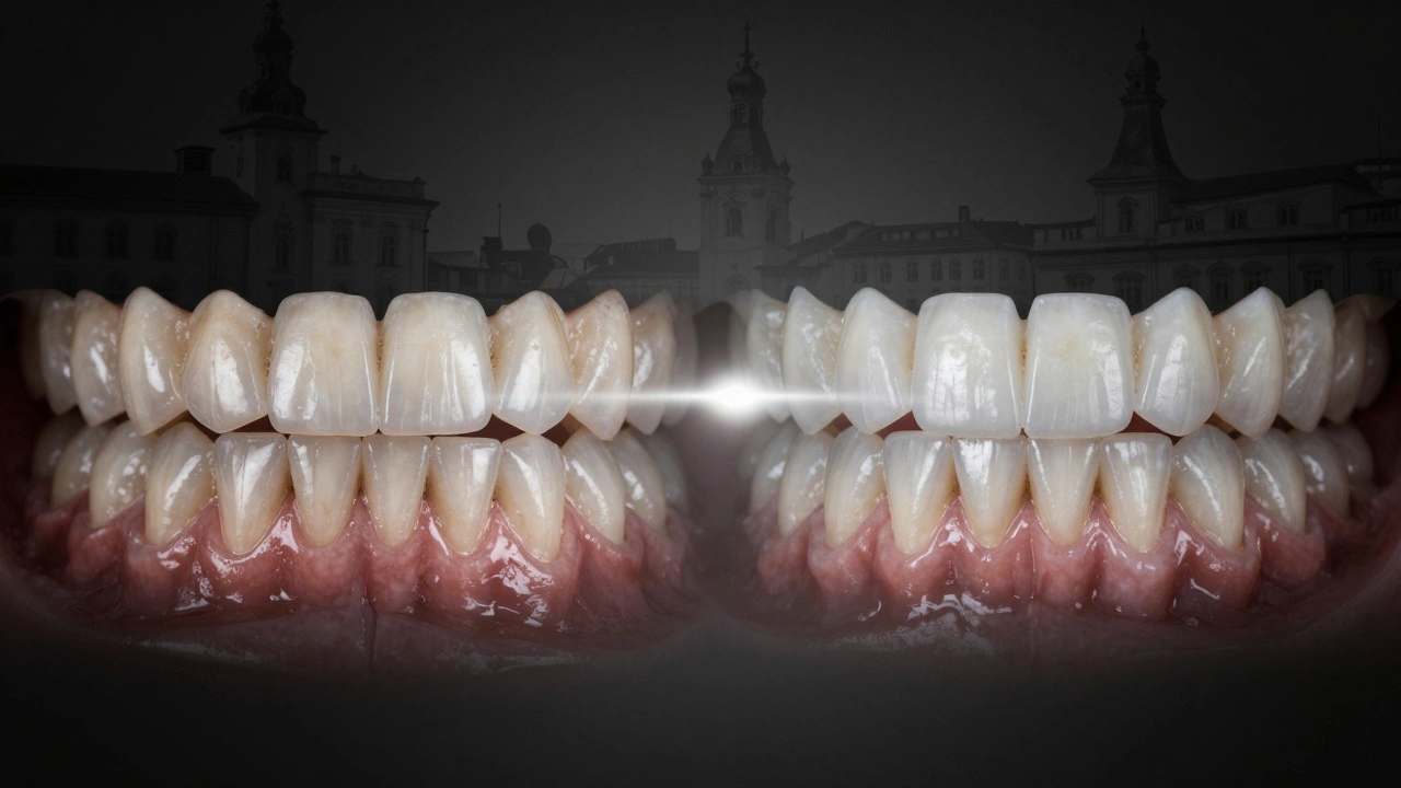 Před a po transformaci zubů: od tmavých, nepravidelných k dokonalým porcelánovým fazetám.