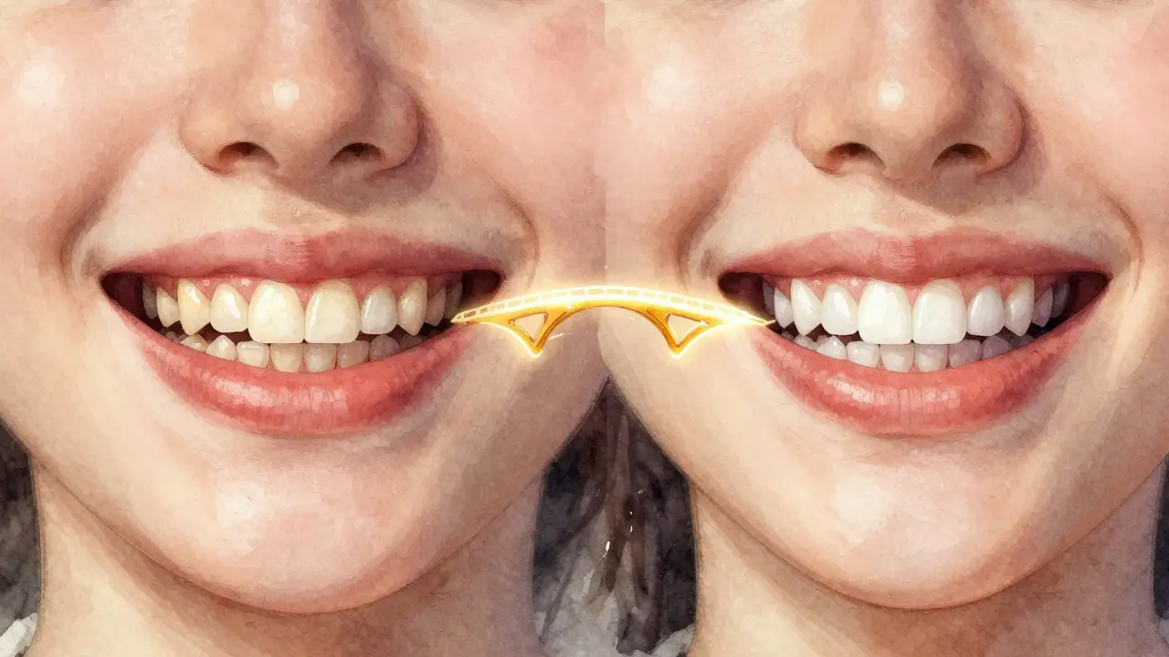 Před a po transformaci zubů pomocí estetických fazet.