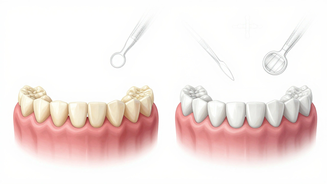 Před a po: zbarvené a poškozené zuby přeměněny na dokonalý úsměv s fazetami.