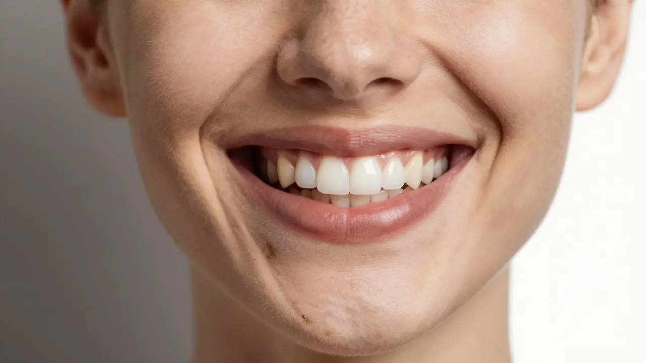 Před a po: žluté zuby přeměněny na bílé pomocí fazet.