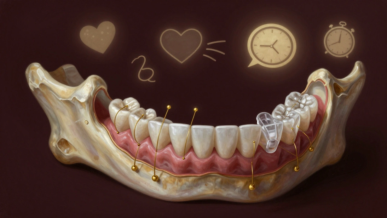 Přehled lidské čelisti s rovnátky, která pomalu přesouvají zuby do správné polohy.