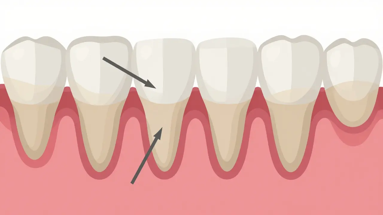 Průřez zubu s kalcifikovaným kamenem pod dásní a bakteriálním nánosem