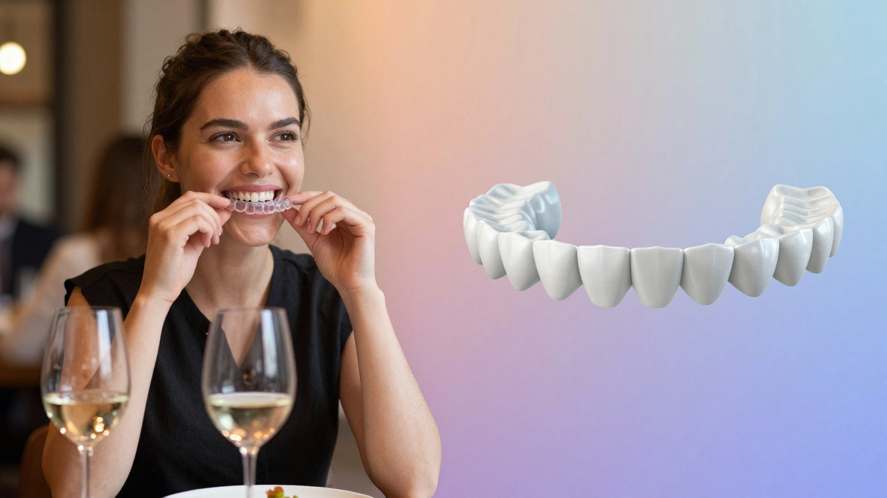 Rozdělený scénář: snímací rovnátka sundávaná na večírku a jejich efekt na zarovnání zubů.