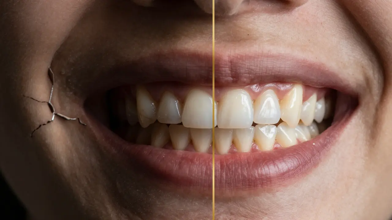 Side-by-side comparison of damaged vs. reconstructed jaw with ceramic crowns.