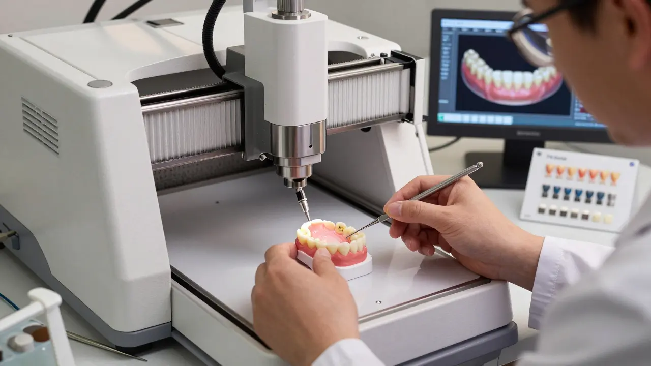 Technik v zubní laboratoři frézuje keramickou onlay pomocí CNC stroje.